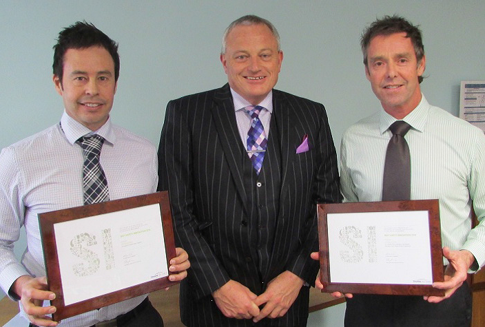 Receiving the 2014 Health and Safety Innovation Award. Left to Right, Peter George (MWH Programme Manager), Dr Allan Freeth (HNZ Chairman) and Shane Austin (HNZ Programme Manager)