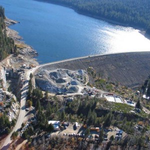 Aerial photo of the project featuring the spillway and French Meadows Reservoir.