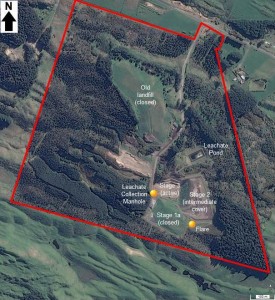 Odour source locations and landfill site boundary