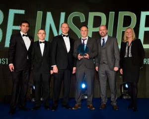 MWH's Stefan Potter, Mark Kift and Stephen Battersby along with 4D Chief Engineer Martin Tresidder pictured receiving the Be Inspired award. -Image courtesy of Bentley Systems